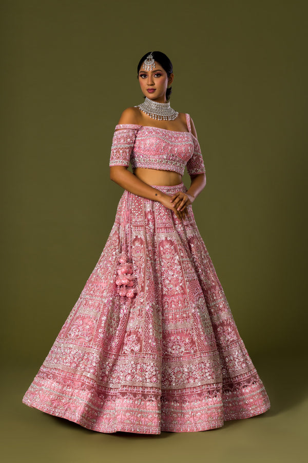Baby Pink Rose Lehenga Choli With Carved Embroidery, Sugar Beading, and Sequins Paired With Net dupatta