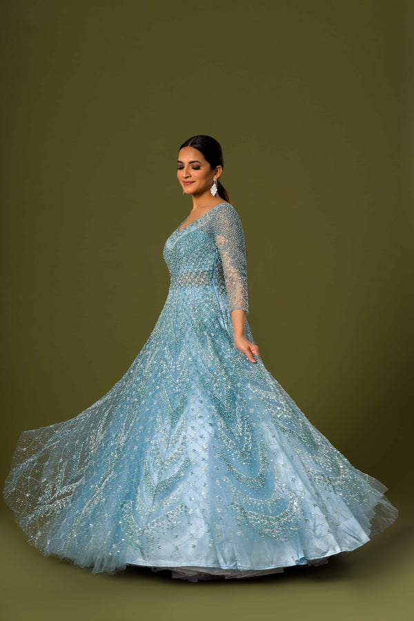 Vivid Ocean Escape Maxi With Enriched Silver Beads Detailing and Thread Embroidery