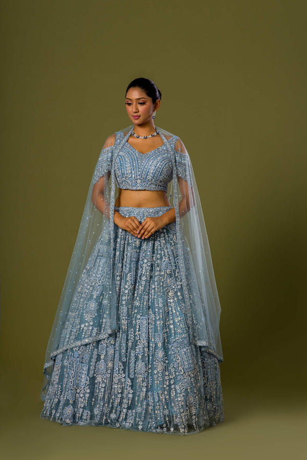 Ethereal Azure Shimmer Bridal Lehenga Choli with Zari and Silver Beadwork Paired With Net Dupatta