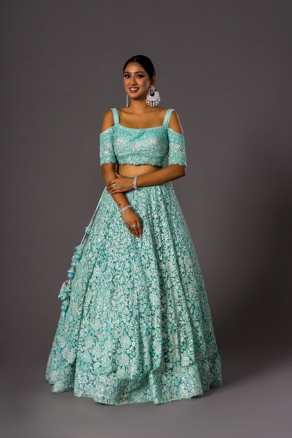 Skyblue Whirlwind Lehenga Choli With Opulent Carved Embroidery and Silver Beads Paired With Bordered Dupatta