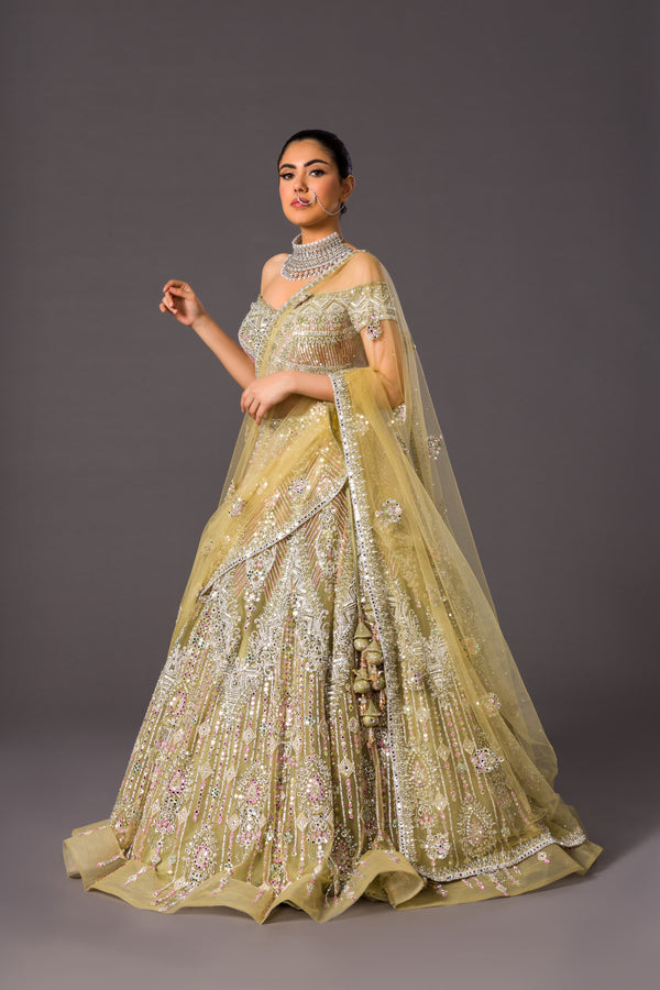 Dimmed Mustard Reveries Lehenga Choli With Cut Dana, Mirrorwork, and Tilla Finished With Stones And Mirrorwork Dupatta
