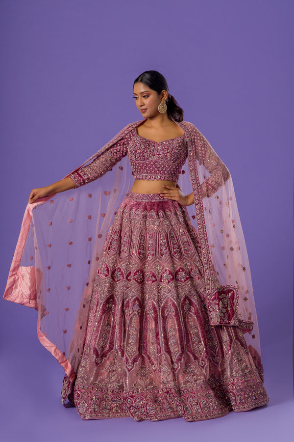 Nostalgic Pink Delight Lehnga Choli with Cut Dana and Embroidered Bordered Net Dupatta