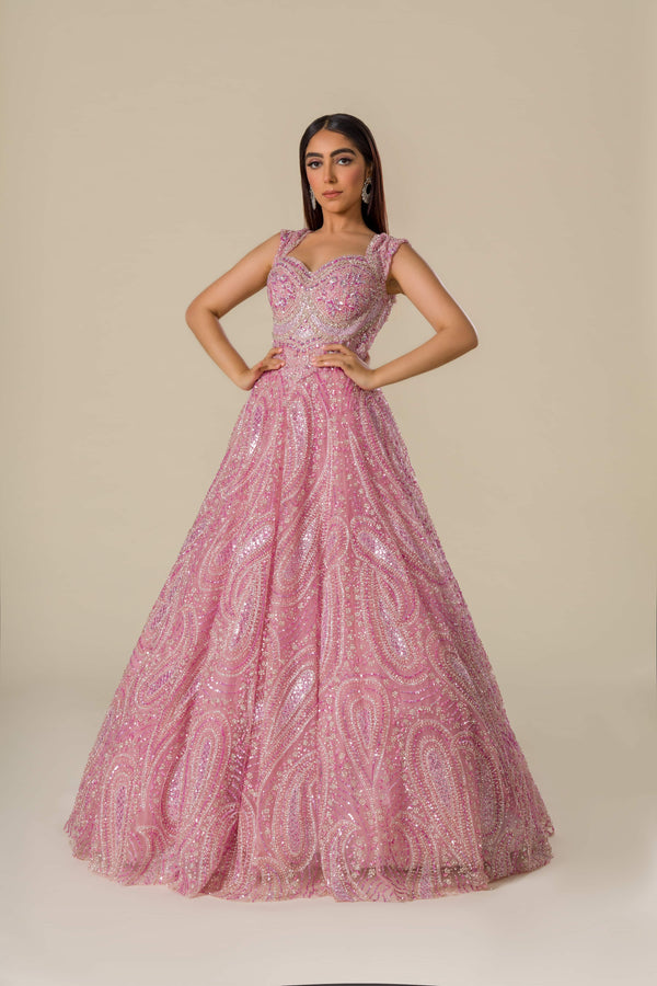 Enchanting Carnation Dreamland Maxi with Silver Beading and Ornate Embroidery Patterns