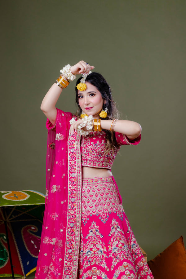 Rani Pink Kali Lehenga Embroidered In Resham Buttis With Zari Work in Raw Silk