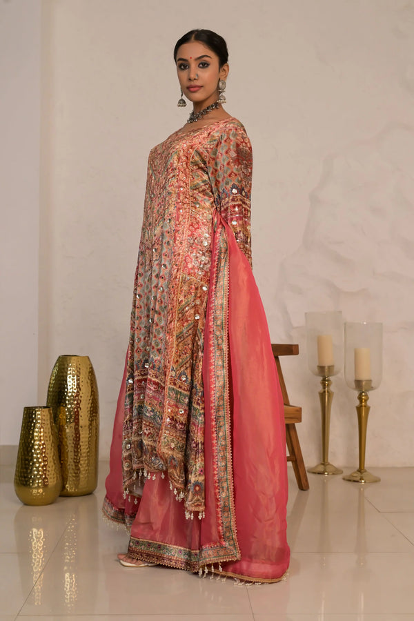 Crimson Pastel Red Printed Velvet Suit with Heritage Patterns – Noor Winter Luxe