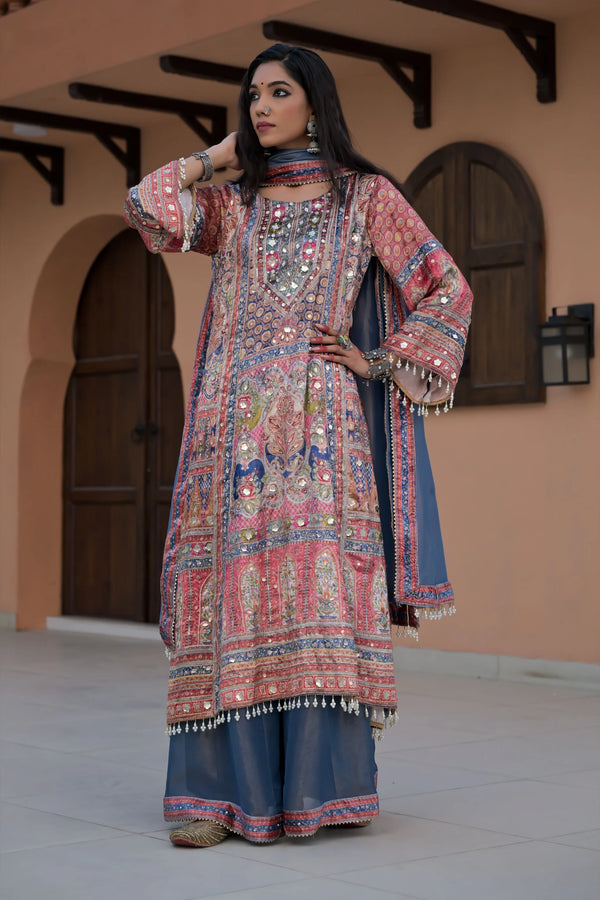 Dusk Blue Printed Velvet Suit with Artistic Borders – Noor Radiance Edit